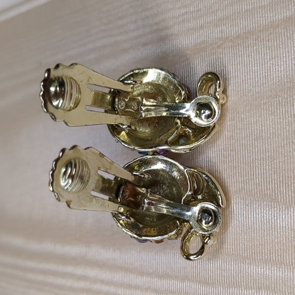 Vintage 60s Ab Crystal Earrings Peach Fruit Clip-on Mid Century - Picture 8 of 10